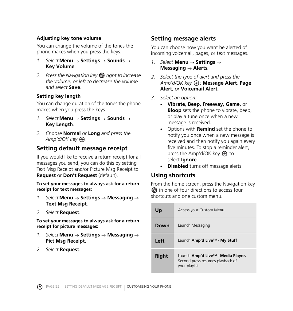 Setting default message receipt, Setting message alerts, Using shortcuts | Kyocera Jet KX18 User Manual | Page 63 / 95