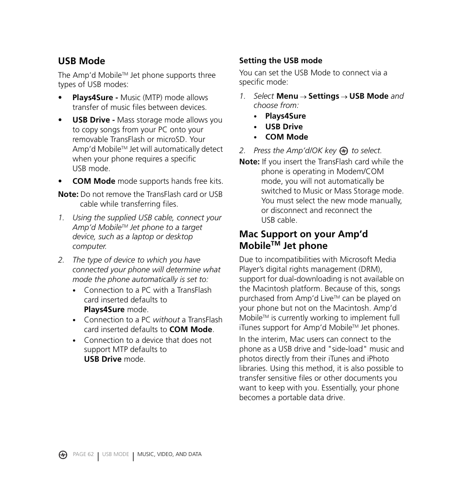 Usb mode, Mac support on your amp’d mobile, Jet phone | Kyocera Jet KX18 User Manual | Page 70 / 95