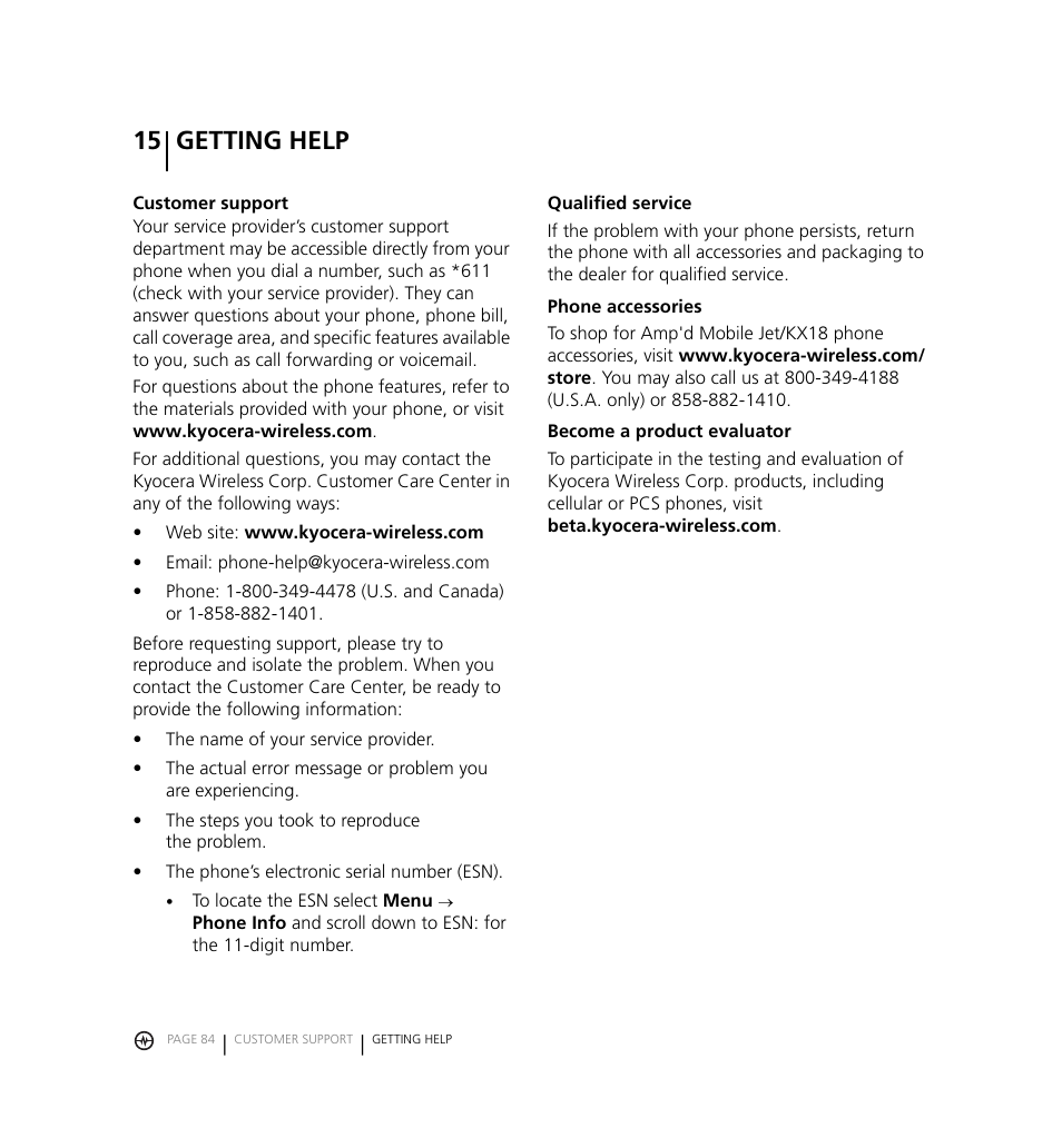 15 getting help | Kyocera Jet KX18 User Manual | Page 92 / 95