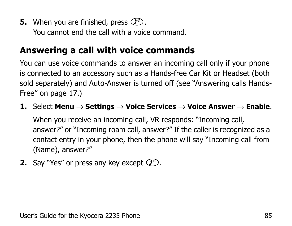 Answering a call with voice commands | Kyocera Phone 2235 User Manual | Page 105 / 136