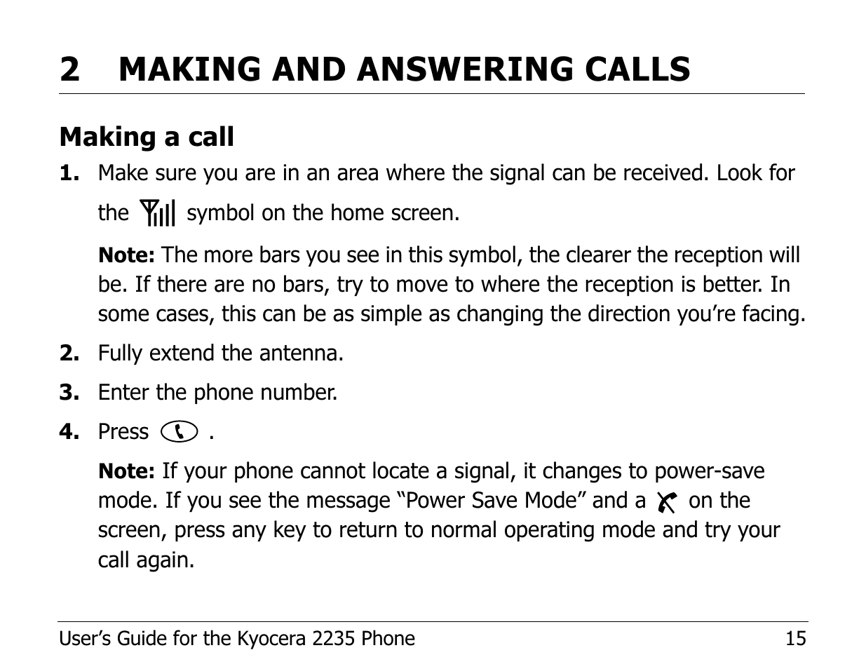 2 making and answering calls, Making a call | Kyocera Phone 2235 User Manual | Page 35 / 136