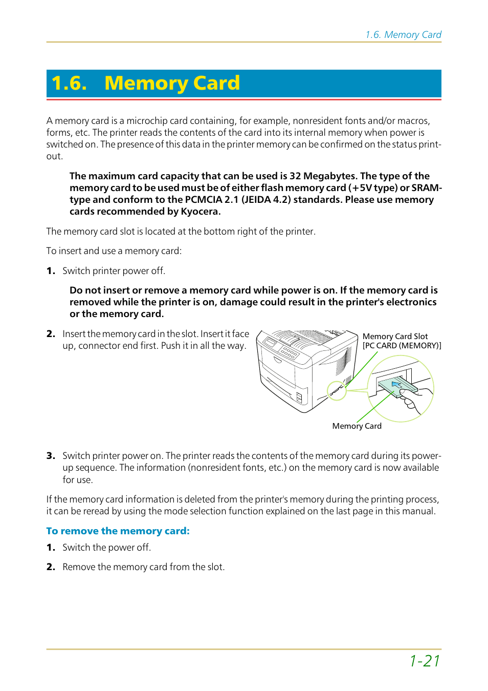 Memory card | Kyocera FS-1700 User Manual | Page 42 / 154