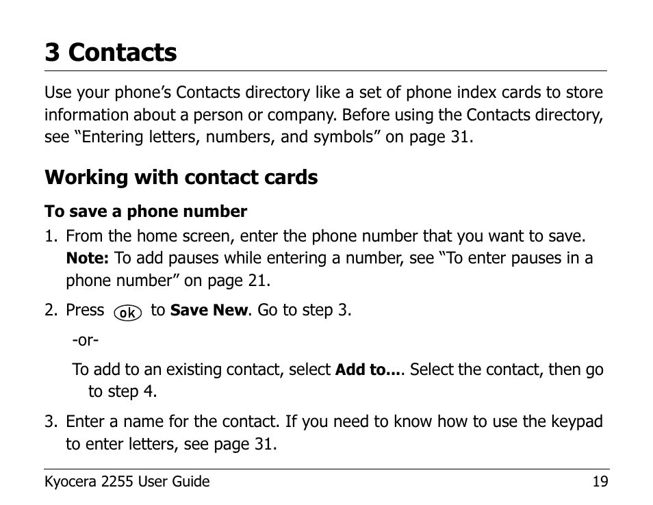 3 contacts, Working with contact cards | Kyocera 2255 User Manual | Page 33 / 110