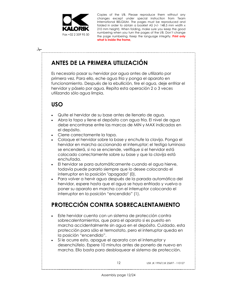 Antes de la primera utilización, Protección contra sobrecalentamiento | Kalorik JK 25697 User Manual | Page 12 / 24