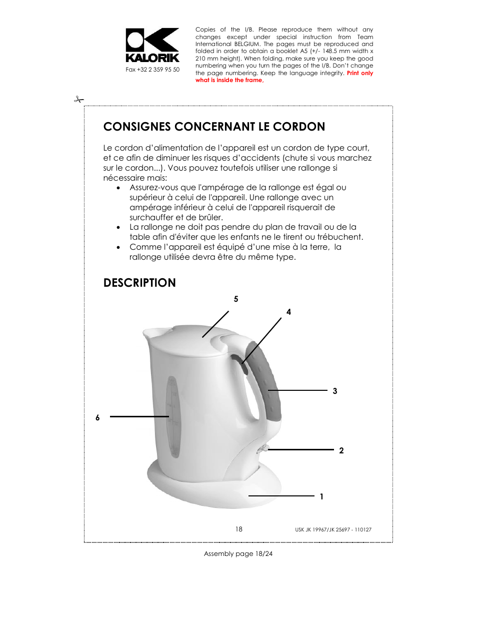 Consignes concernant le cordon, Description | Kalorik JK 25697 User Manual | Page 18 / 24