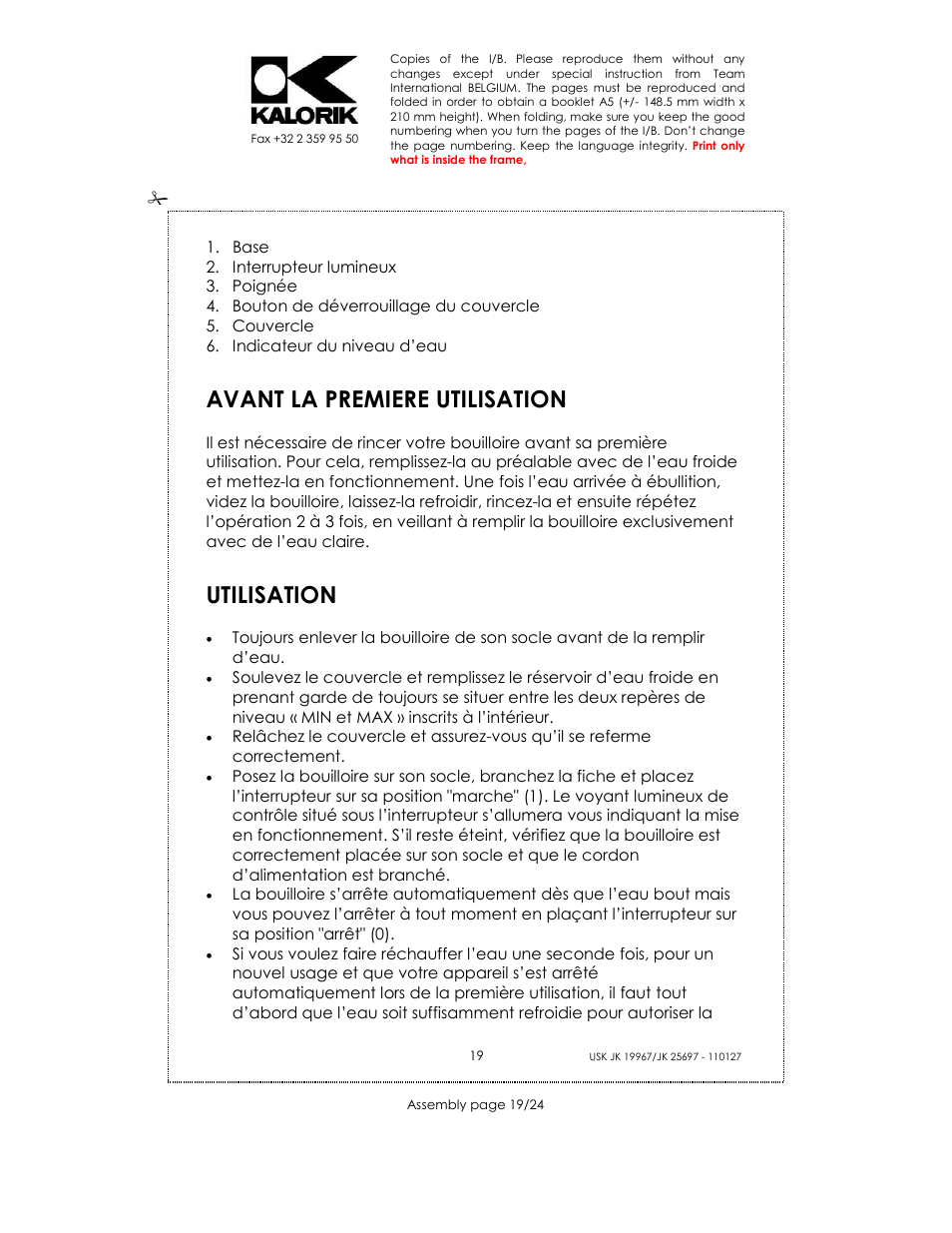 Avant la premiere utilisation, Utilisation | Kalorik JK 25697 User Manual | Page 19 / 24