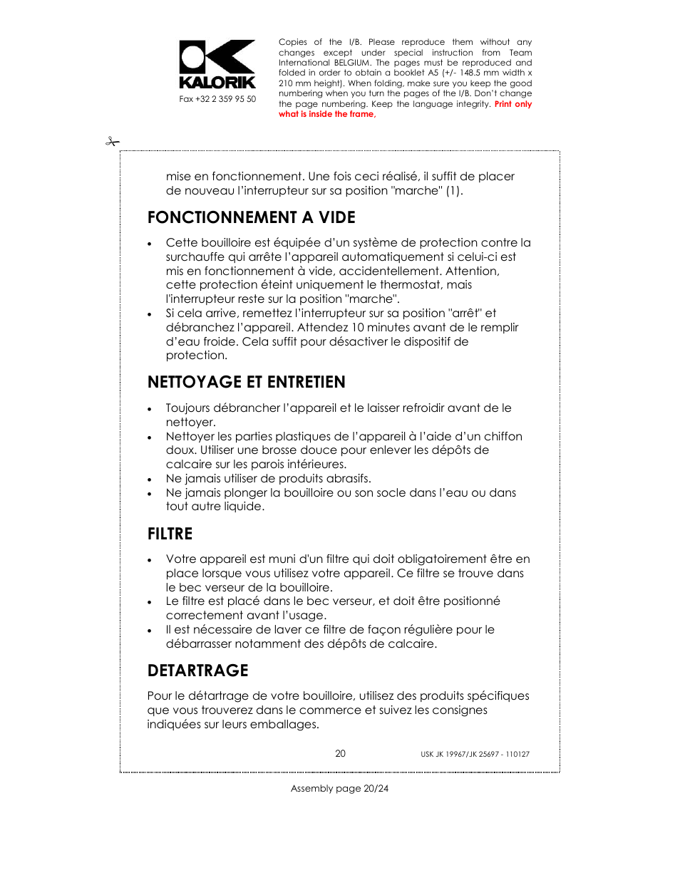 Fonctionnement a vide, Nettoyage et entretien, Filtre | Detartrage | Kalorik JK 25697 User Manual | Page 20 / 24