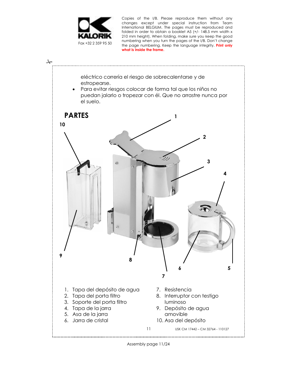 Partes | Kalorik USK CM 32764 User Manual | Page 11 / 24