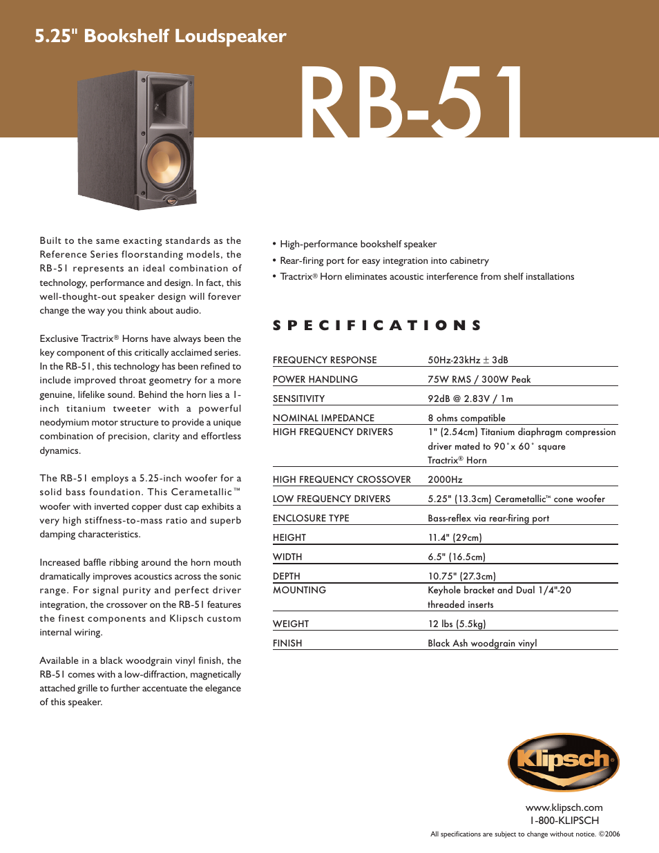 Klipsch Reference Series RB-51 User Manual | 1 page