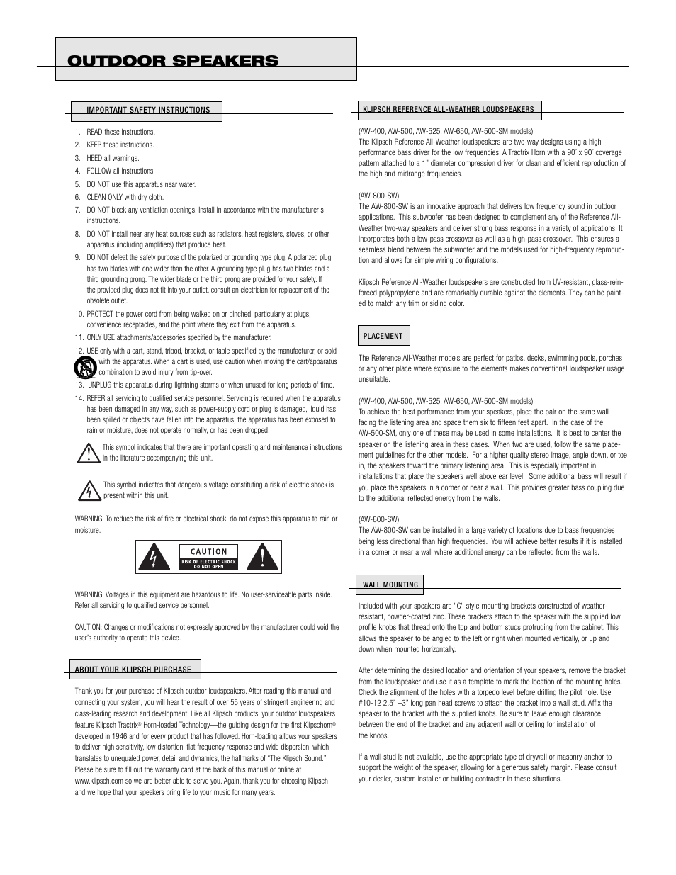Outdoor speakers | Klipsch AW 650 User Manual | Page 2 / 5