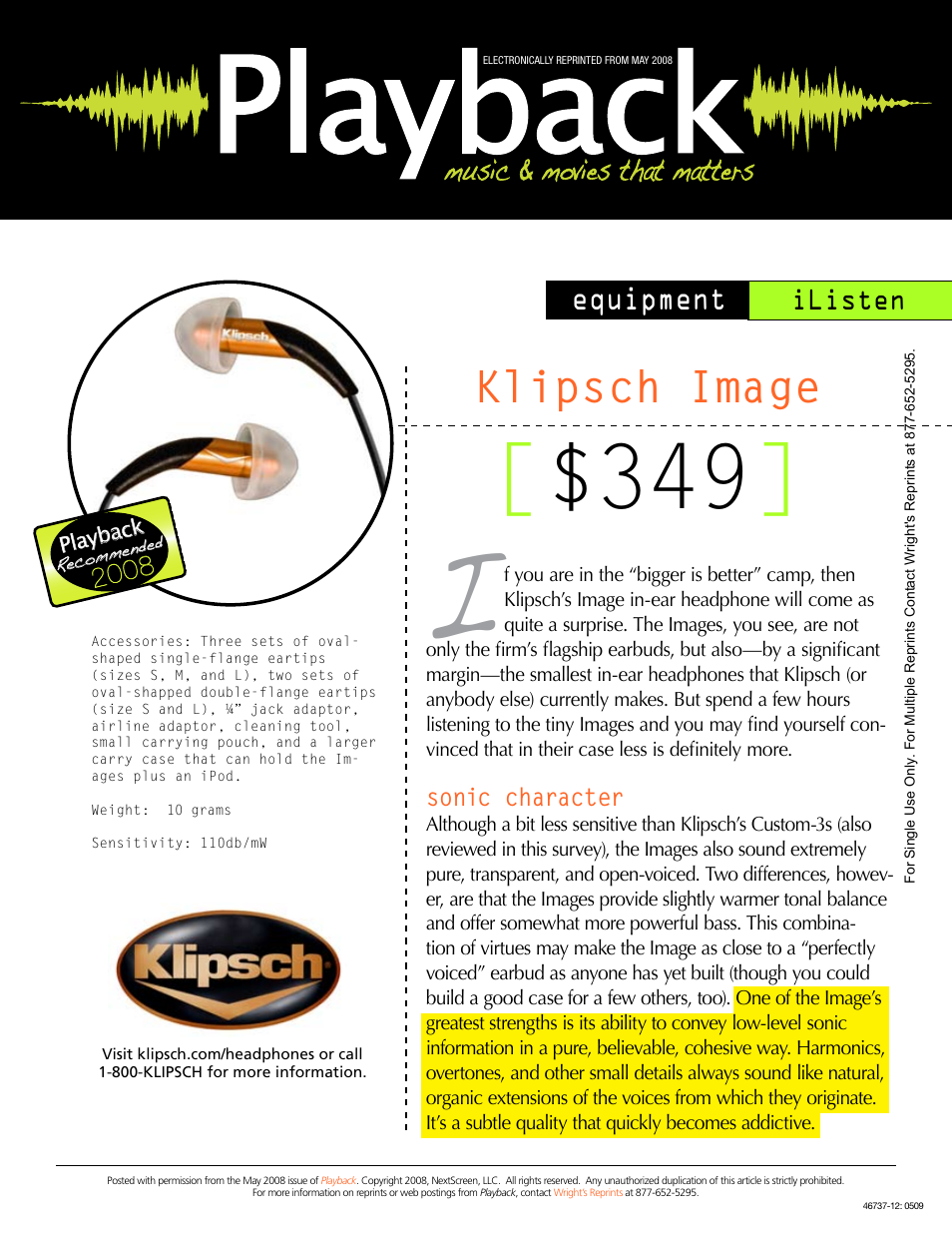Klipsch Image $349 User Manual | 2 pages