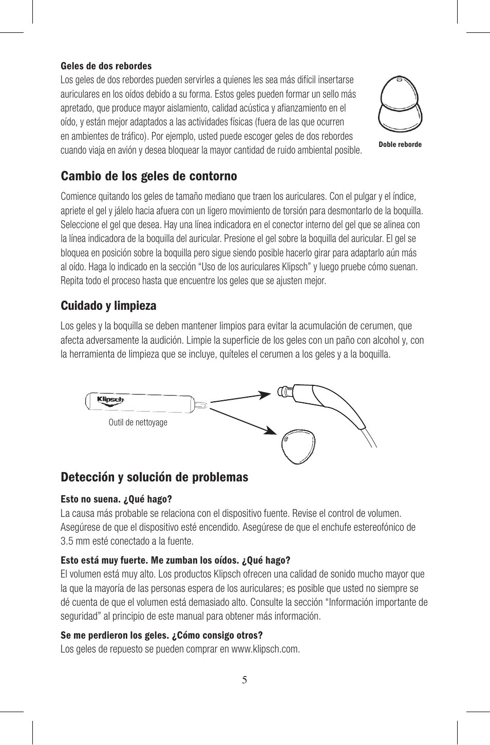 Cambio de los geles de contorno, Detección y solución de problemas, Cuidado y limpieza | Klipsch Earphones User Manual | Page 20 / 24