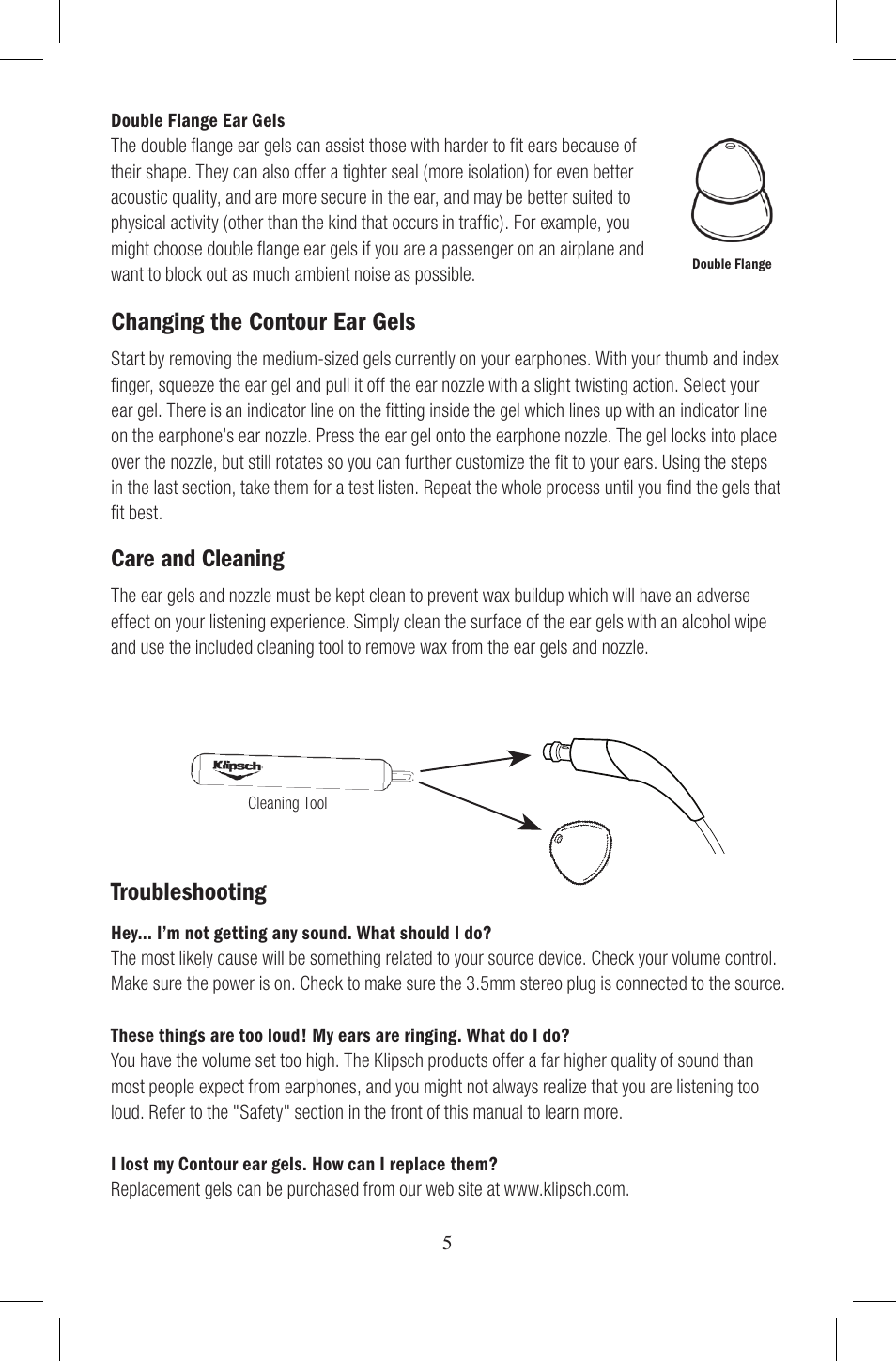 Changing the contour ear gels, Troubleshooting, Care and cleaning | Klipsch Earphones User Manual | Page 6 / 24