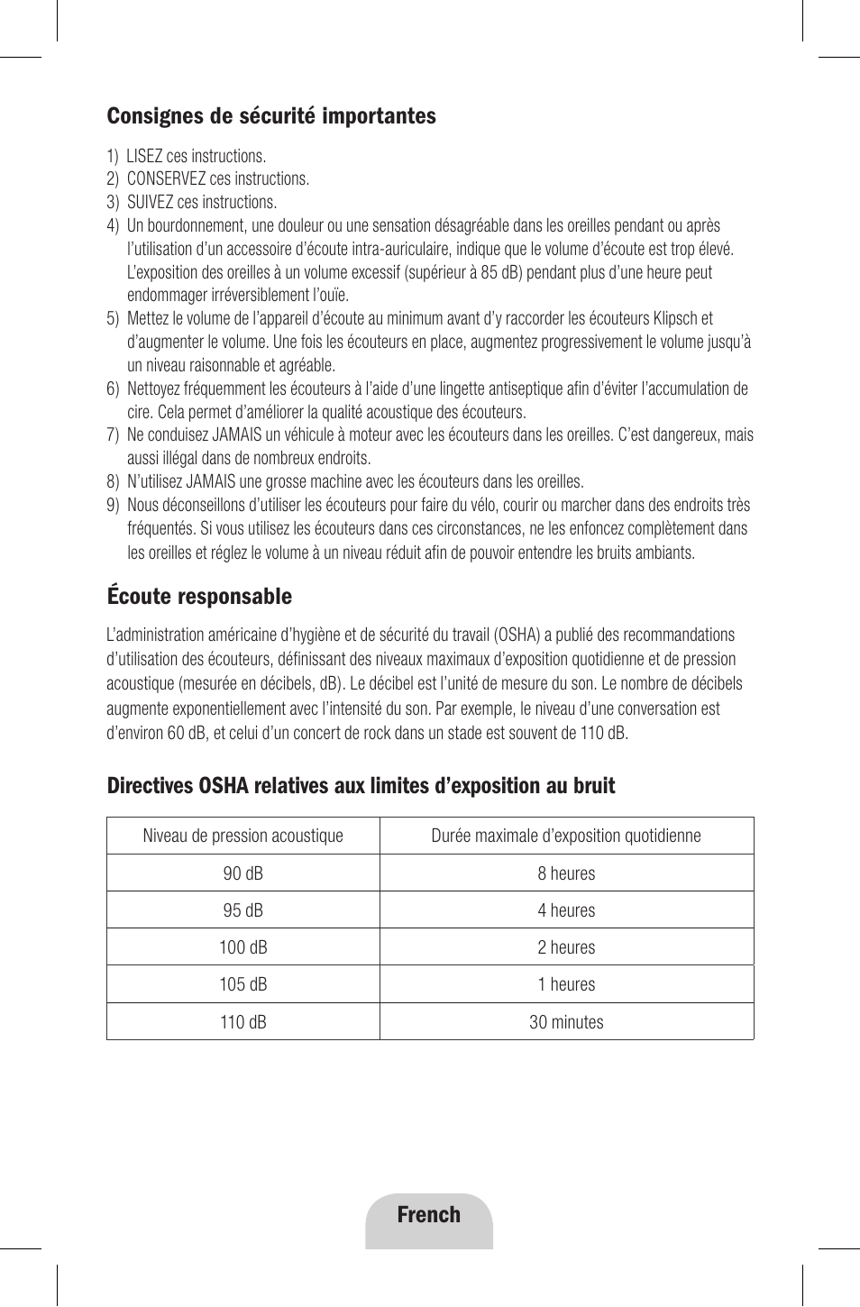 French, Écoute responsable | Klipsch Earphones User Manual | Page 9 / 24