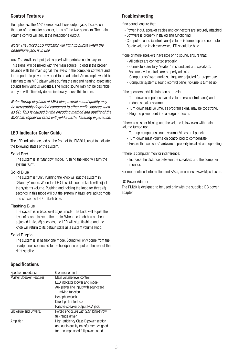Control features, Led indicator color guide, Troubleshooting | Specifications | Klipsch Groove PM20 User Manual | Page 5 / 8