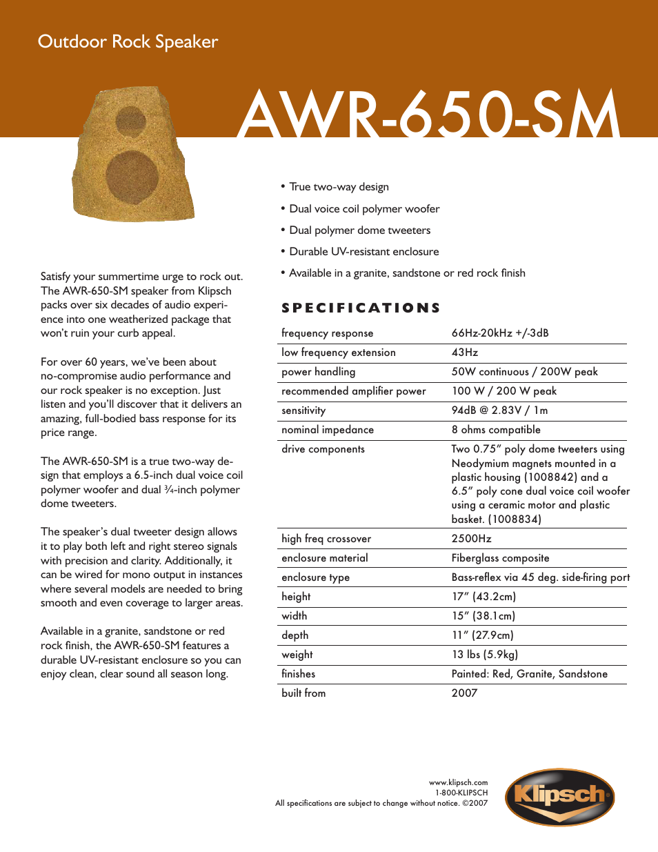 Klipsch All-Weather Rock AWR-650-SM User Manual | 1 page