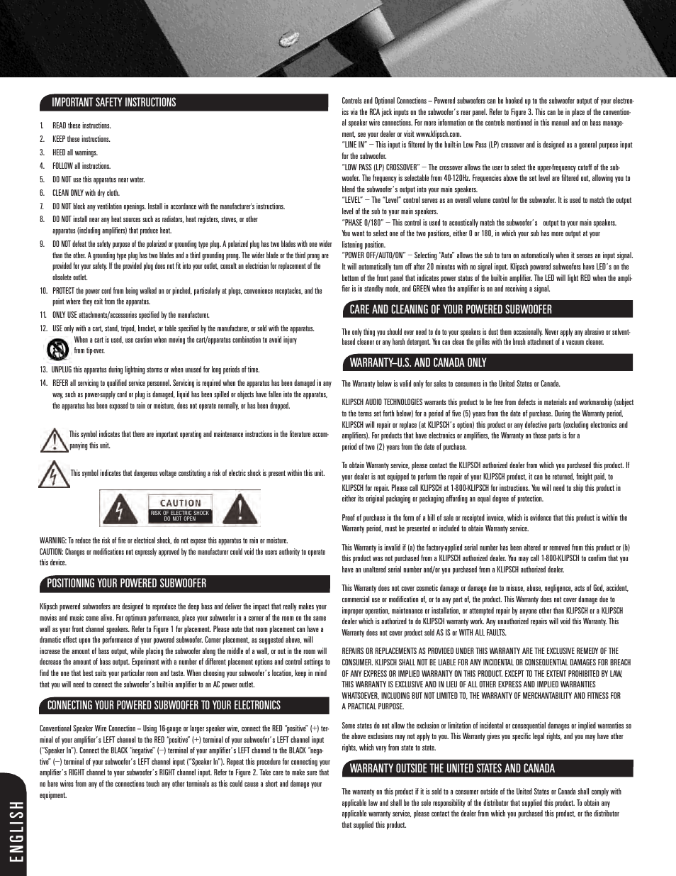 English, Important safety instructions, Positioning your powered subwoofer | Care and cleaning of your powered subwoofer, Warranty—u.s. and canada only, Warranty outside the united states and canada | Klipsch ksw-08-new User Manual | Page 2 / 12