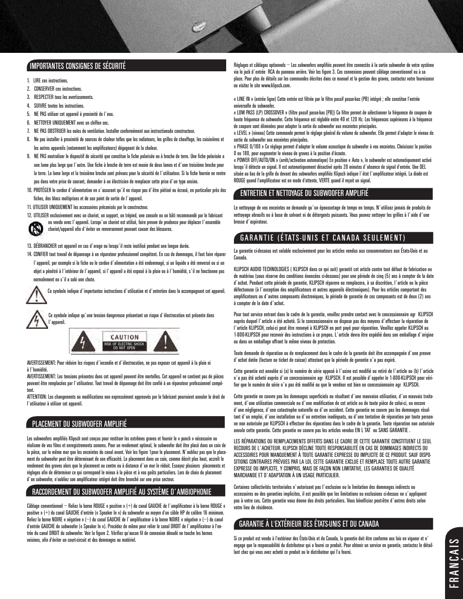 Francais, Importantes consignes de sécurité, Placement du subwoofer amplifié | Entretien et nettoyage du subwoofer amplifié, Garantie à l'extérieur des états-unis et du canada | Klipsch ksw-08-new User Manual | Page 3 / 12