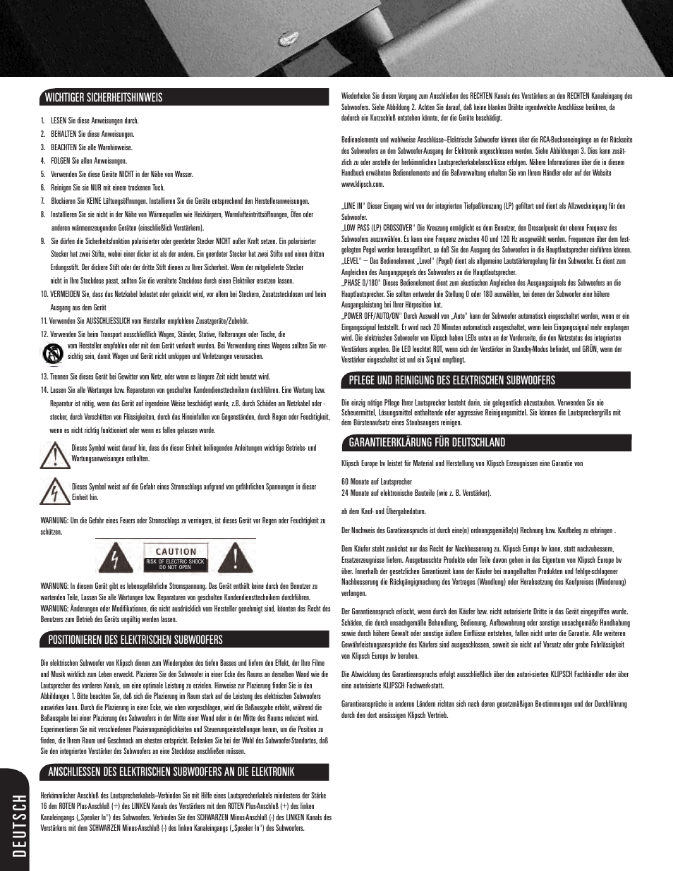 Deut sc h, Wichtiger sicherheitshinweis, Positionieren des elektrischen subwoofers | Pflege und reinigung des elektrischen subwoofers, Garantieerklärung für deutschland | Klipsch ksw-08-new User Manual | Page 4 / 12