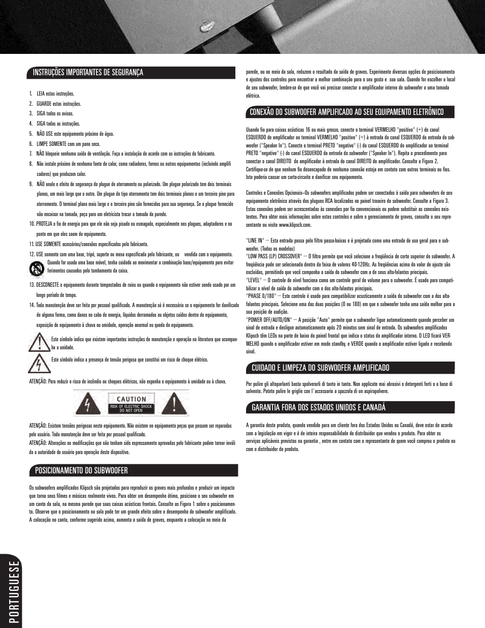 Por tuguese, Instruções importantes de segurança, Posicionamento do subwoofer | Cuidado e limpeza do subwoofer amplificado, Garantia fora dos estados unidos e canadá | Klipsch ksw-08-new User Manual | Page 6 / 12