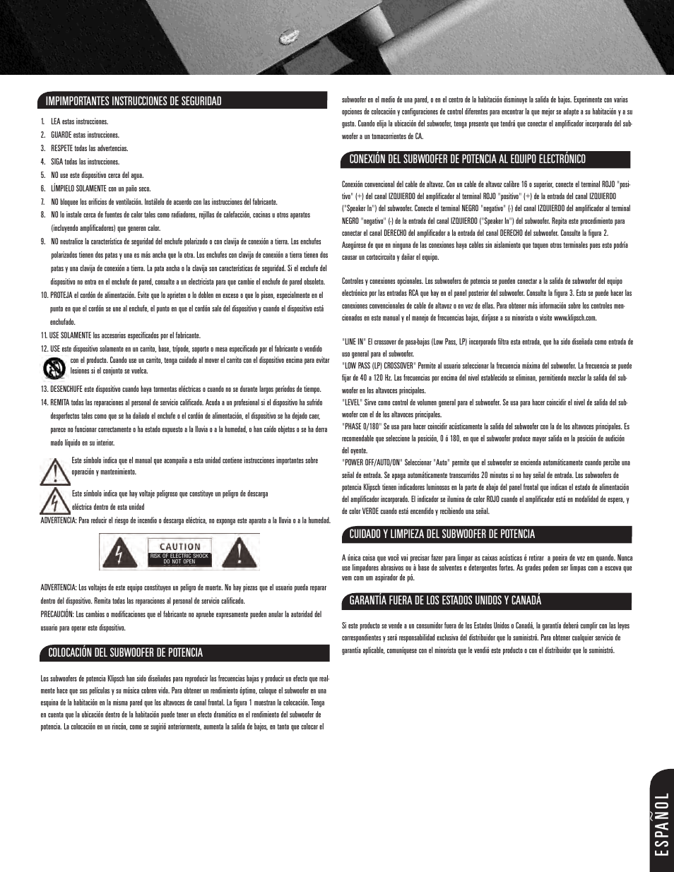 Esp anol, Impimportantes instrucciones de seguridad, Colocación del subwoofer de potencia | Cuidado y limpieza del subwoofer de potencia, Garantía fuera de los estados unidos y canadá | Klipsch ksw-08-new User Manual | Page 7 / 12