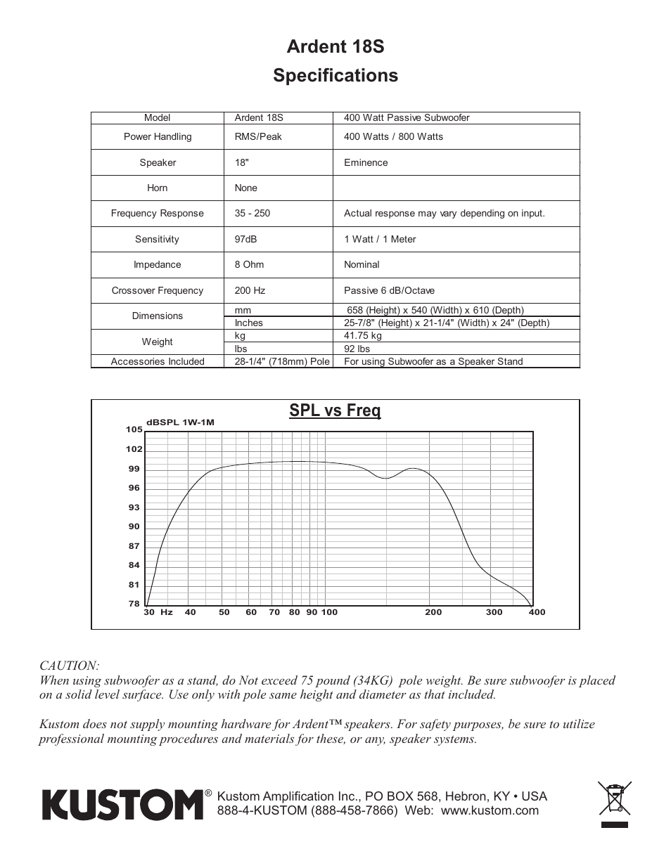 Ardent 18s specifications, Spl vs freq | Kustom Ardent 18S User Manual | Page 4 / 4
