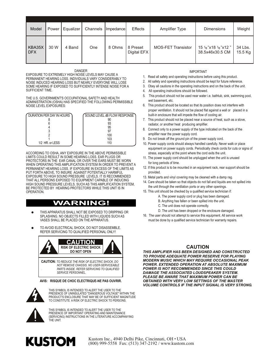 Warning, Caution | Kustom KBA35XDFX User Manual | Page 2 / 4