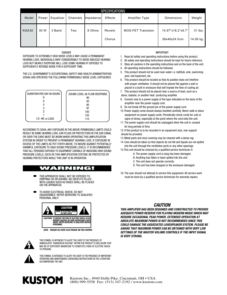 Caution, Specifications | Kustom KGA30 User Manual | Page 2 / 4