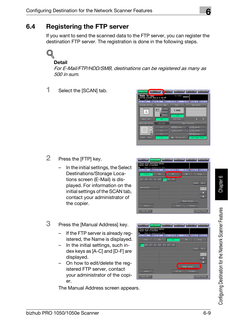 4 registering the ftp server, Registering the ftp server -9, Registering the ftp server | P.6-9 | Konica Minolta BIZHUB PRO 1050E User Manual | Page 104 / 190