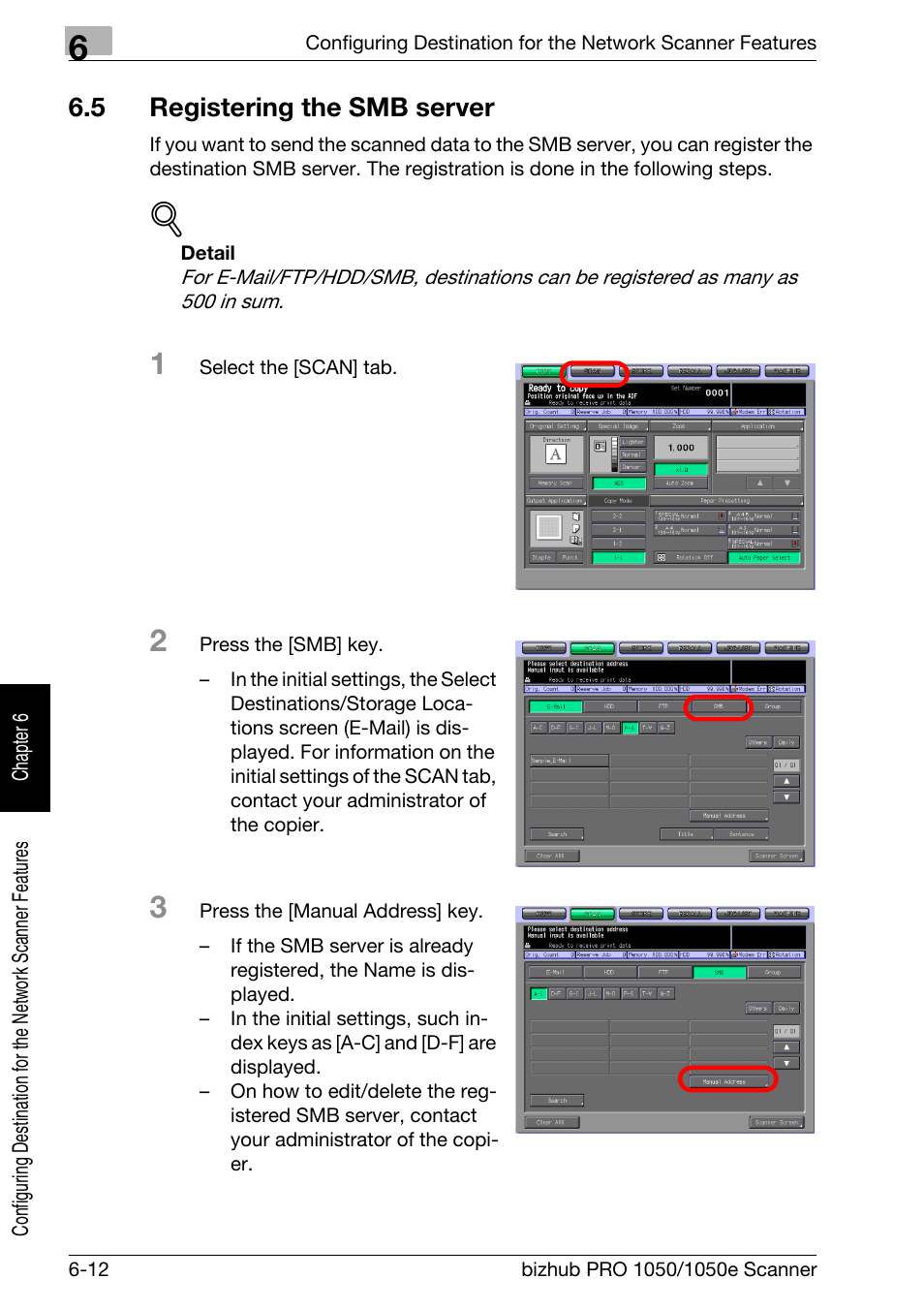 5 registering the smb server, Registering the smb server -12, Registering the smb server | P.6-12 | Konica Minolta BIZHUB PRO 1050E User Manual | Page 107 / 190