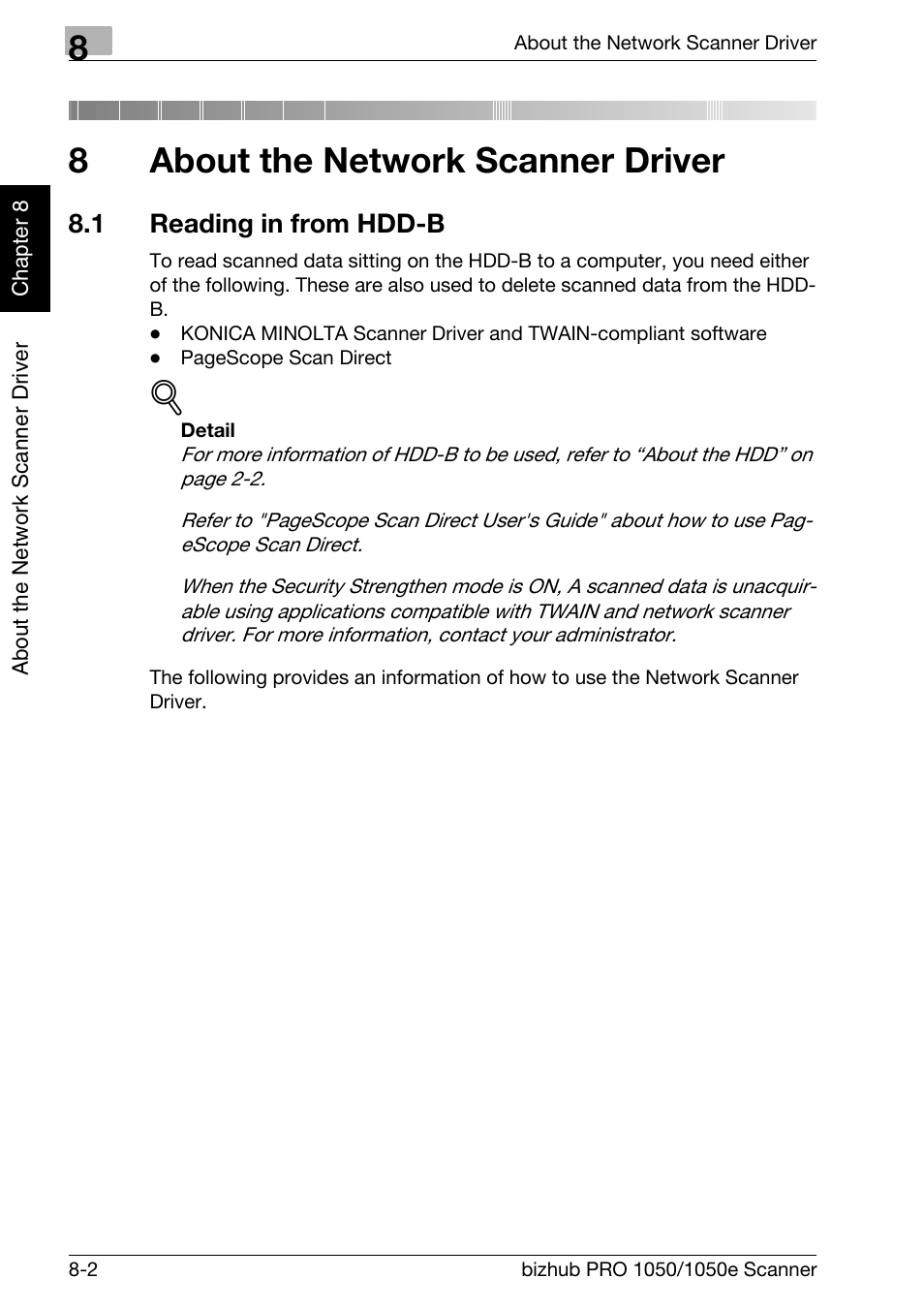 8 about the network scanner driver, 1 reading in from hdd-b, About the network scanner driver | Reading in from hdd-b -2, Chapter 8 about the network scanner driver, 8about the network scanner driver | Konica Minolta BIZHUB PRO 1050E User Manual | Page 145 / 190