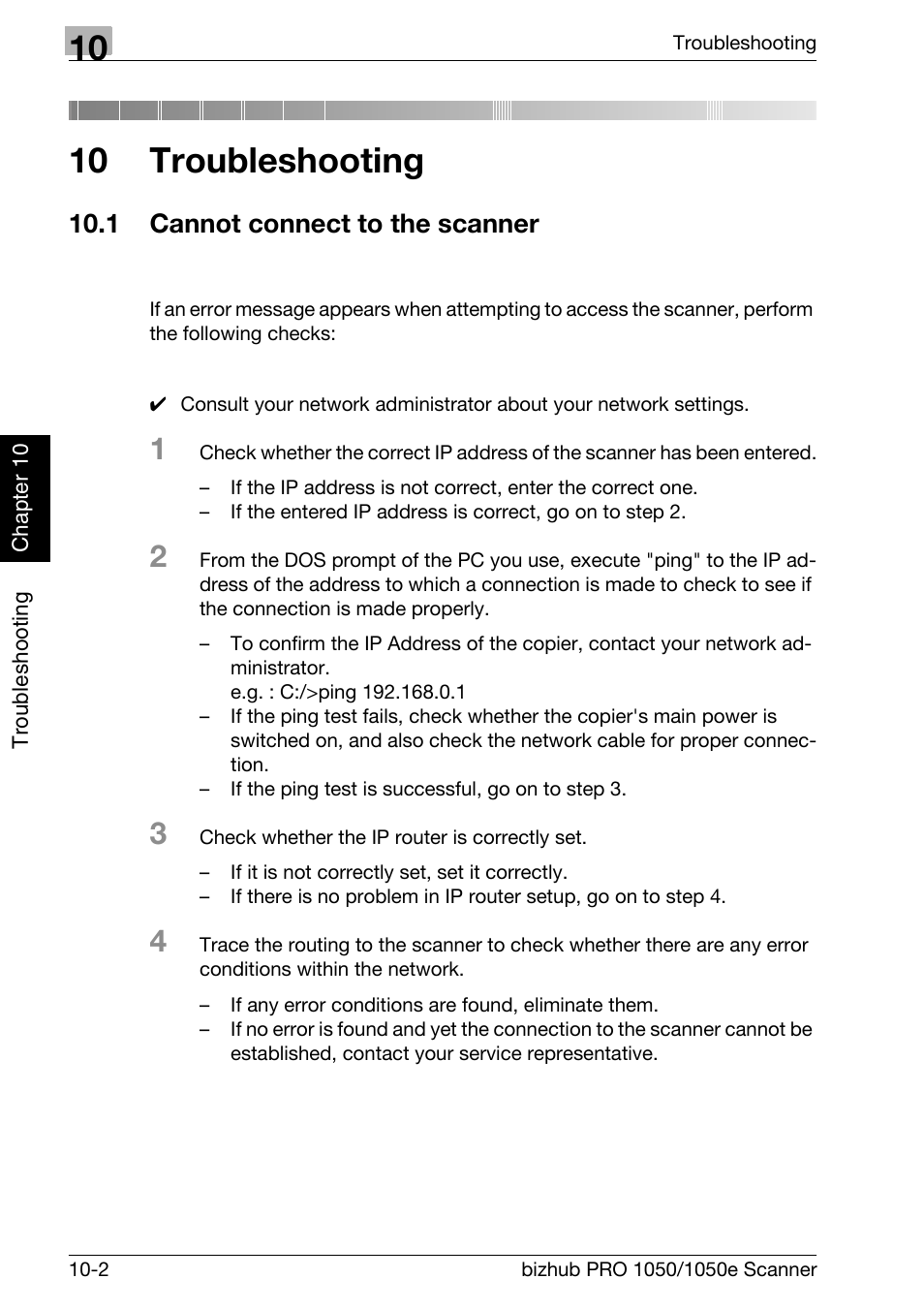 10 troubleshooting, 1 cannot connect to the scanner, Cannot connect to the scanner -2 | Chapter 10 troubleshooting | Konica Minolta BIZHUB PRO 1050E User Manual | Page 165 / 190