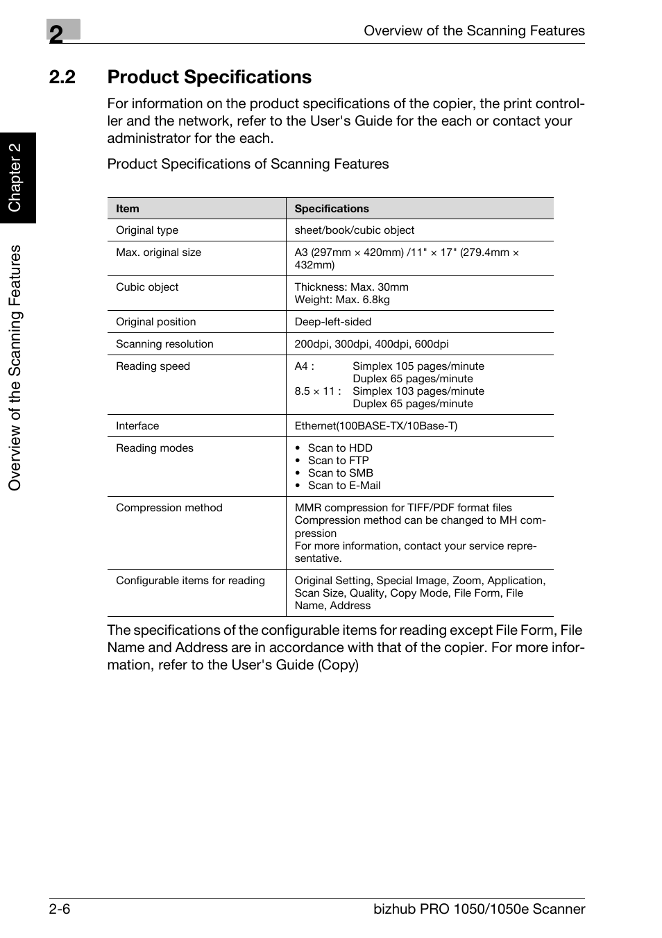 2 product specifications, Product specifications -6, Over view o f th e scan ning fea tu res chapter 2 | Konica Minolta BIZHUB PRO 1050E User Manual | Page 23 / 190