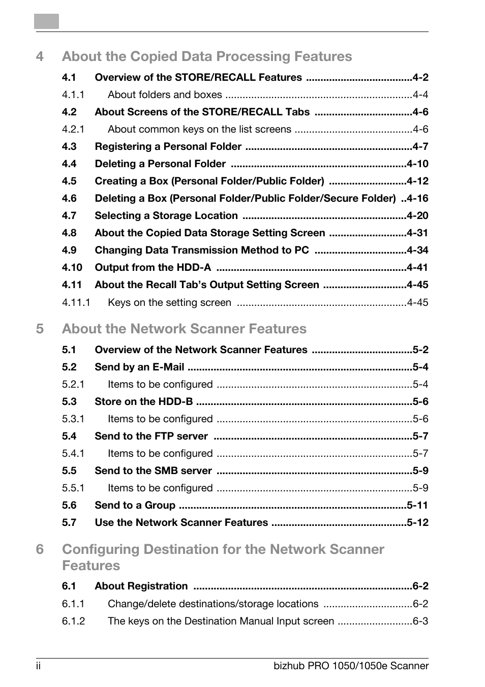 4about the copied data processing features, 5about the network scanner features | Konica Minolta BIZHUB PRO 1050E User Manual | Page 3 / 190