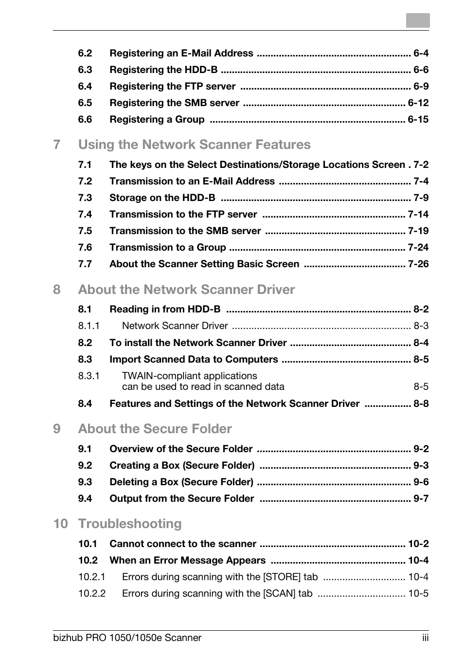 7using the network scanner features, 8about the network scanner driver, 9about the secure folder | 10 troubleshooting | Konica Minolta BIZHUB PRO 1050E User Manual | Page 4 / 190