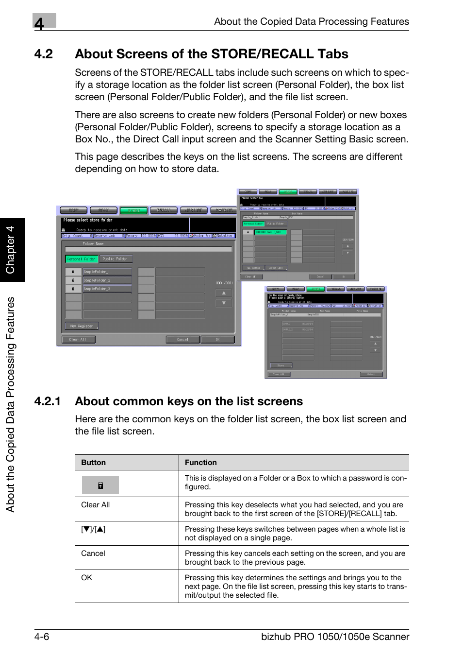 2 about screens of the store/recall tabs, 1 about common keys on the list screens, About screens of the store/recall tabs -6 | About common keys on the list screens -6 | Konica Minolta BIZHUB PRO 1050E User Manual | Page 41 / 190