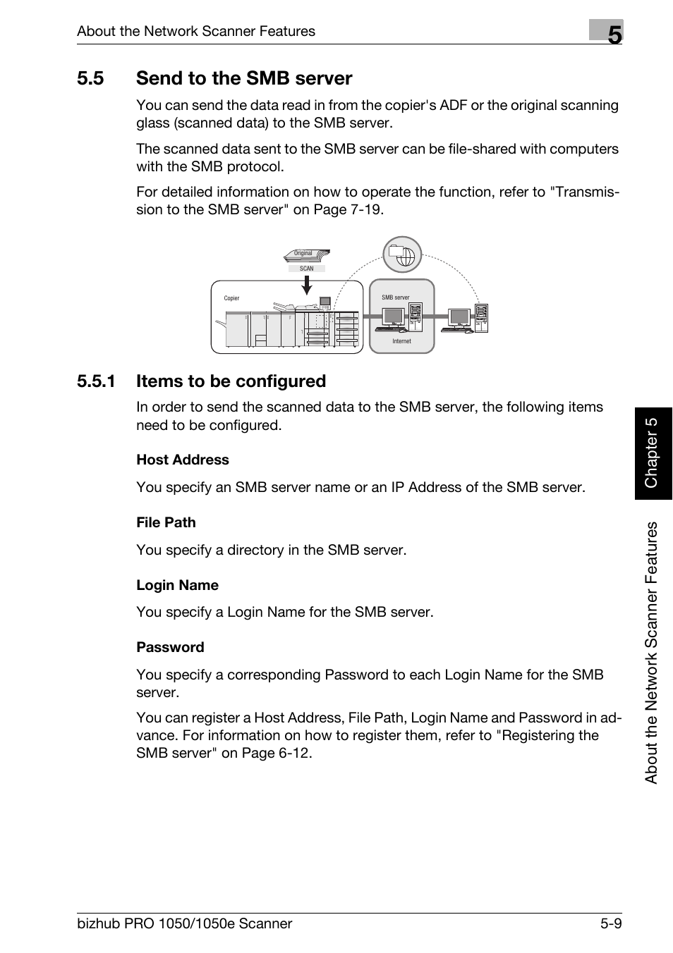 5 send to the smb server, 1 items to be configured, Send to the smb server -9 | Items to be configured -9, Send to the smb server, P.5-9 | Konica Minolta BIZHUB PRO 1050E User Manual | Page 92 / 190