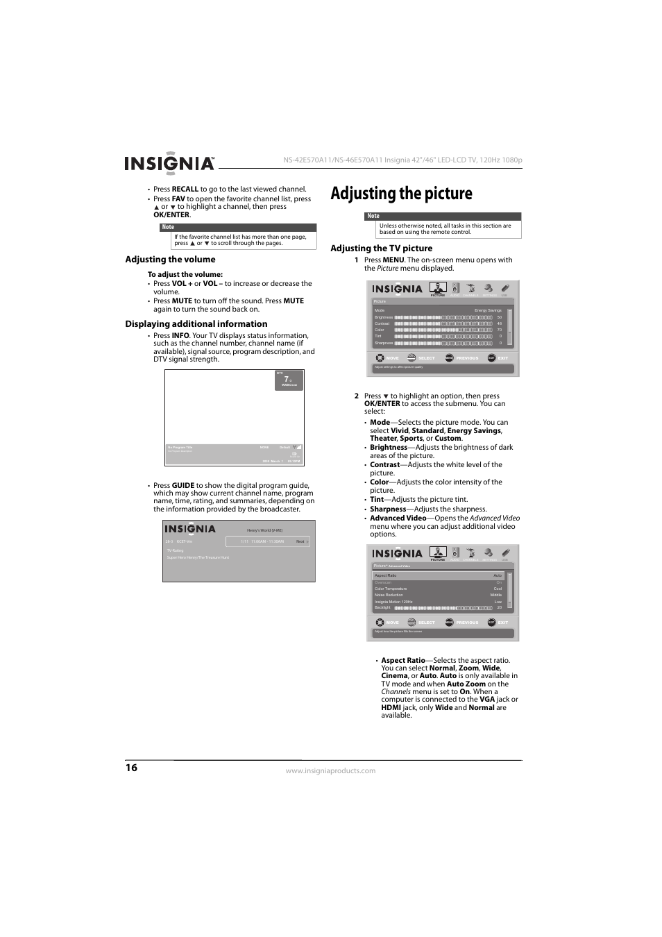 Adjusting the volume, Displaying additional information, Adjusting the picture | Adjusting the tv picture, Ge 16, Ee “adjusting the tv picture | Konica Minolta NS-42E570A11 User Manual | Page 20 / 48