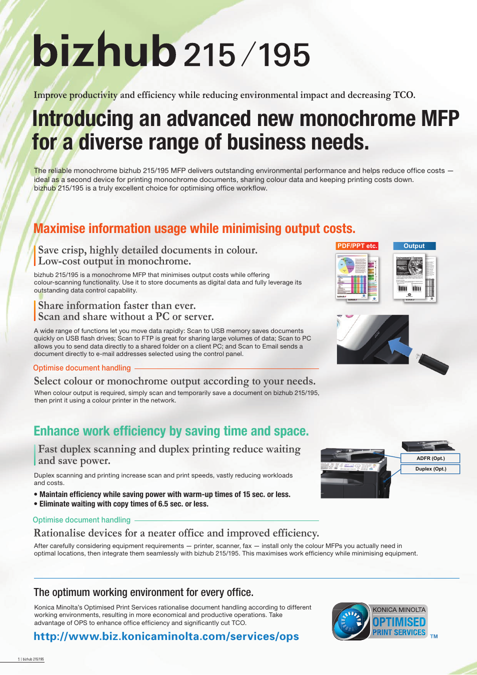 Enhance work efficiency by saving time and space, The optimum working environment for every office | Konica Minolta Bizhub 215 User Manual | Page 2 / 4