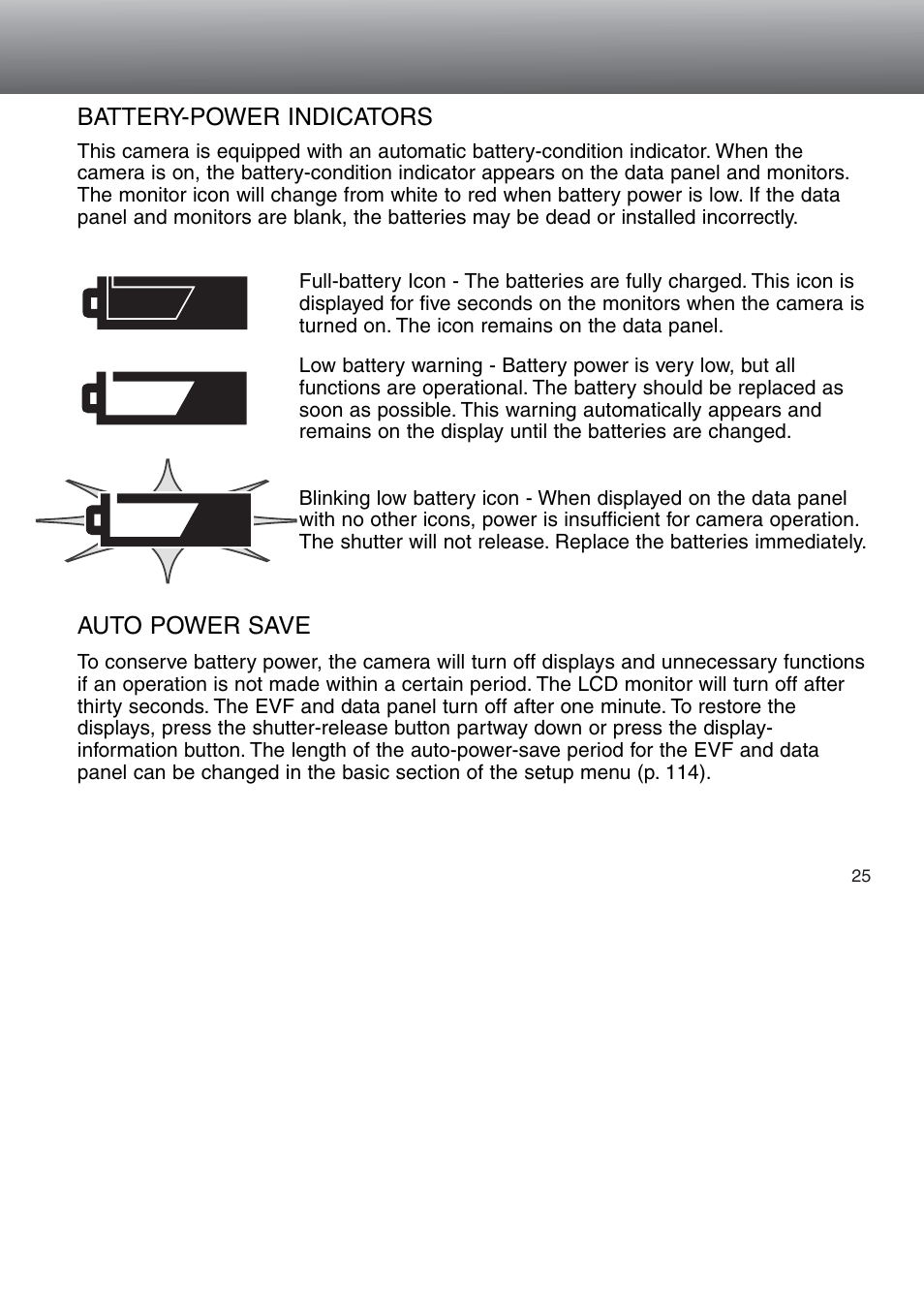 Battery condition indicators auto power save | Konica Minolta 5D User Manual | Page 25 / 150