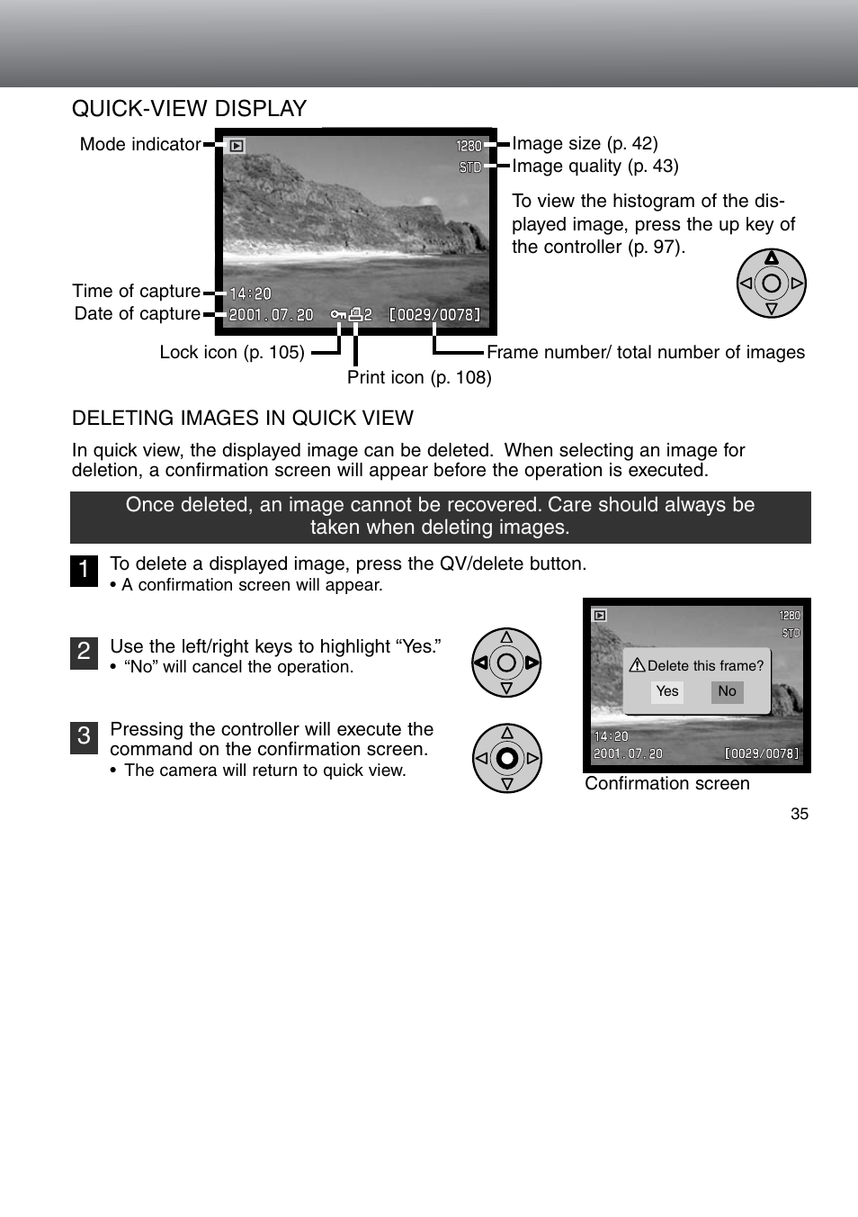 Deleting images in quick view | Konica Minolta 5D User Manual | Page 35 / 150