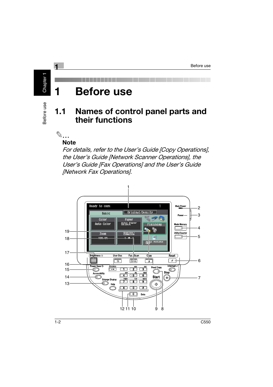 1 before use, 1 names of control panel parts and their functions, 1 names of control panel parts and their | Functions -2, 1before use | Konica Minolta C550 User Manual | Page 11 / 164