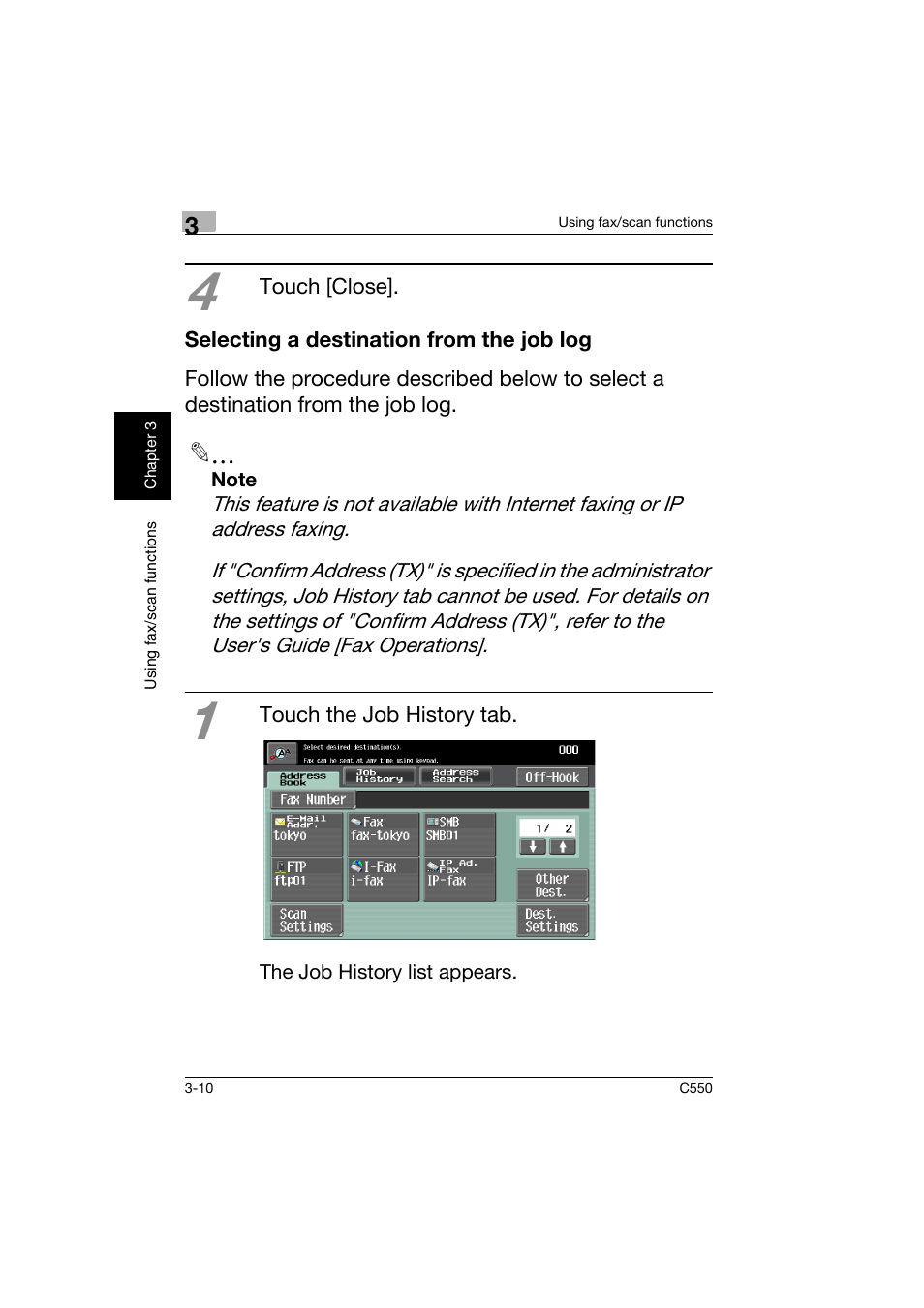 Selecting a destination from the job log, Selecting a destination from the job log -10 | Konica Minolta C550 User Manual | Page 111 / 164