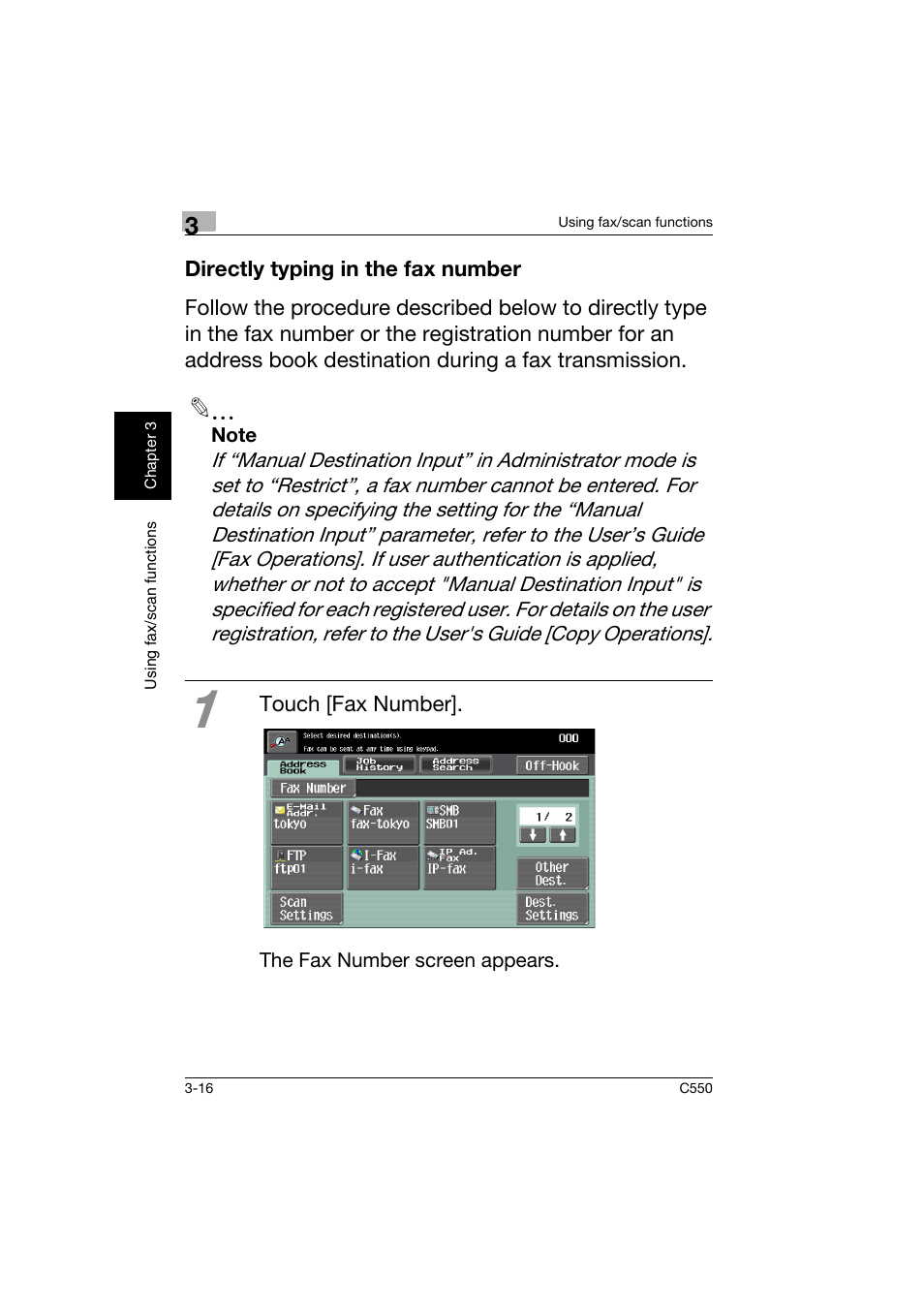 Directly typing in the fax number, Directly typing in the fax number -16 | Konica Minolta C550 User Manual | Page 117 / 164