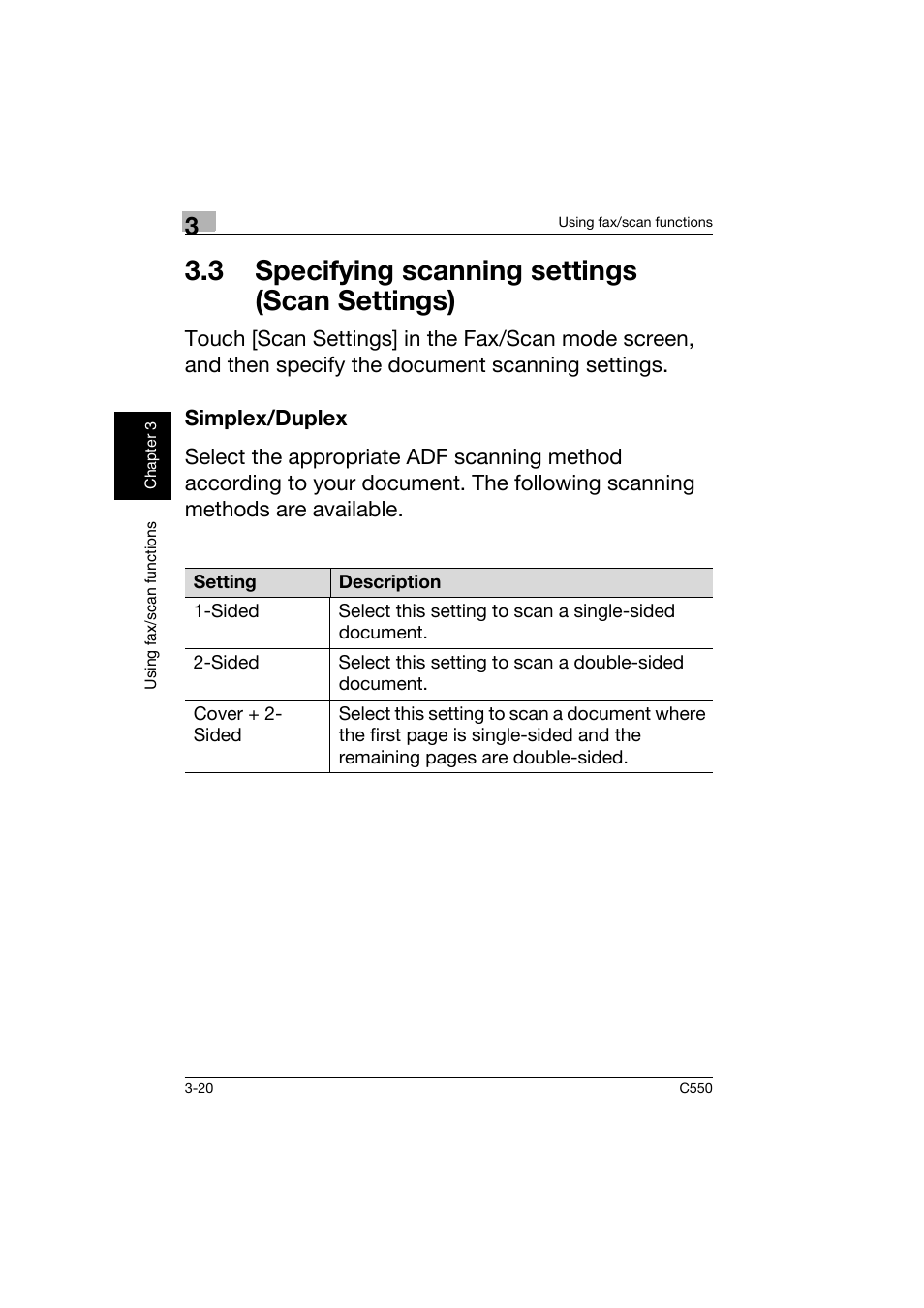 3 specifying scanning settings (scan settings), Simplex/duplex, 3 specifying scanning settings | Scan settings) -20, Simplex/duplex -20 | Konica Minolta C550 User Manual | Page 121 / 164