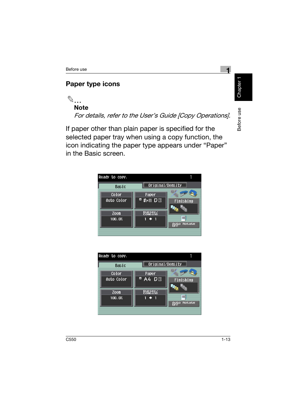 Paper type icons, Paper type icons -13 | Konica Minolta C550 User Manual | Page 22 / 164