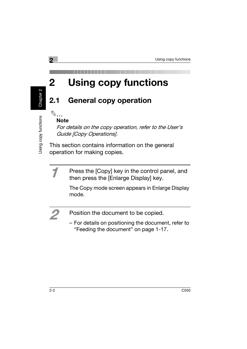 2 using copy functions, 1 general copy operation, 1 general copy operation -2 | 2using copy functions | Konica Minolta C550 User Manual | Page 45 / 164