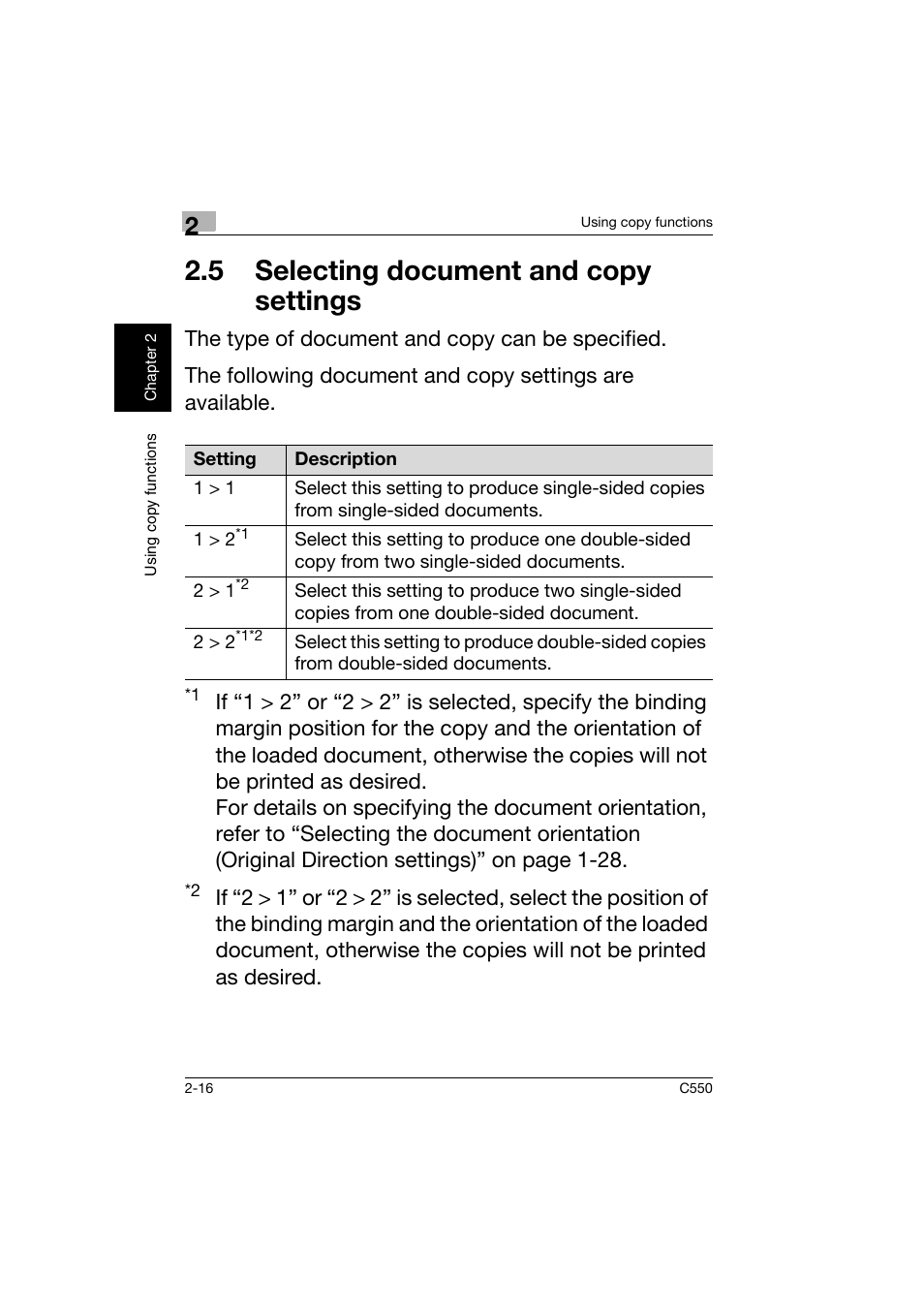 5 selecting document and copy settings, 5 selecting document and copy, Settings -16 | Konica Minolta C550 User Manual | Page 59 / 164
