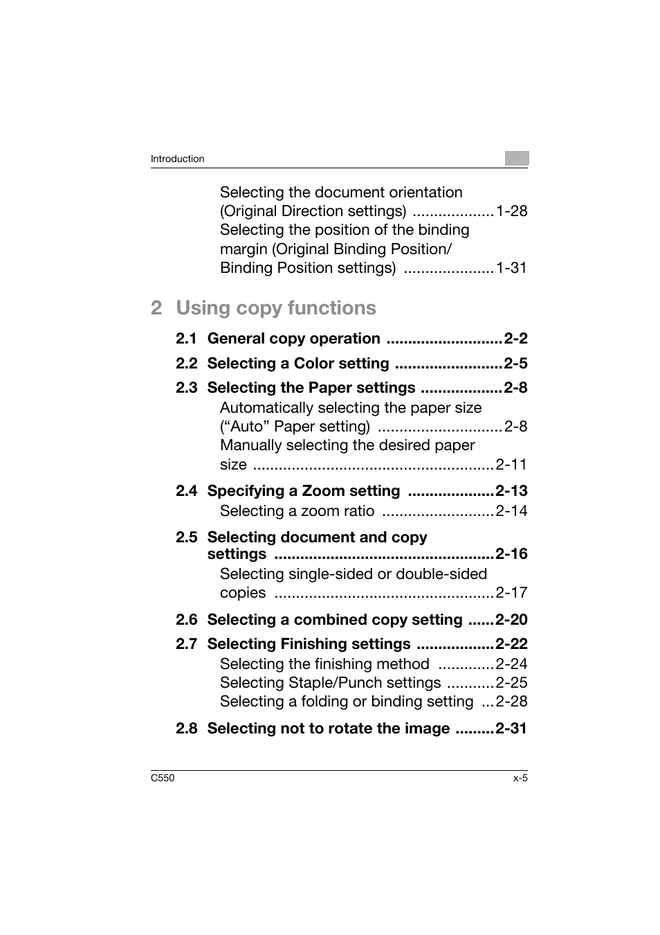 2 using copy functions | Konica Minolta C550 User Manual | Page 6 / 164
