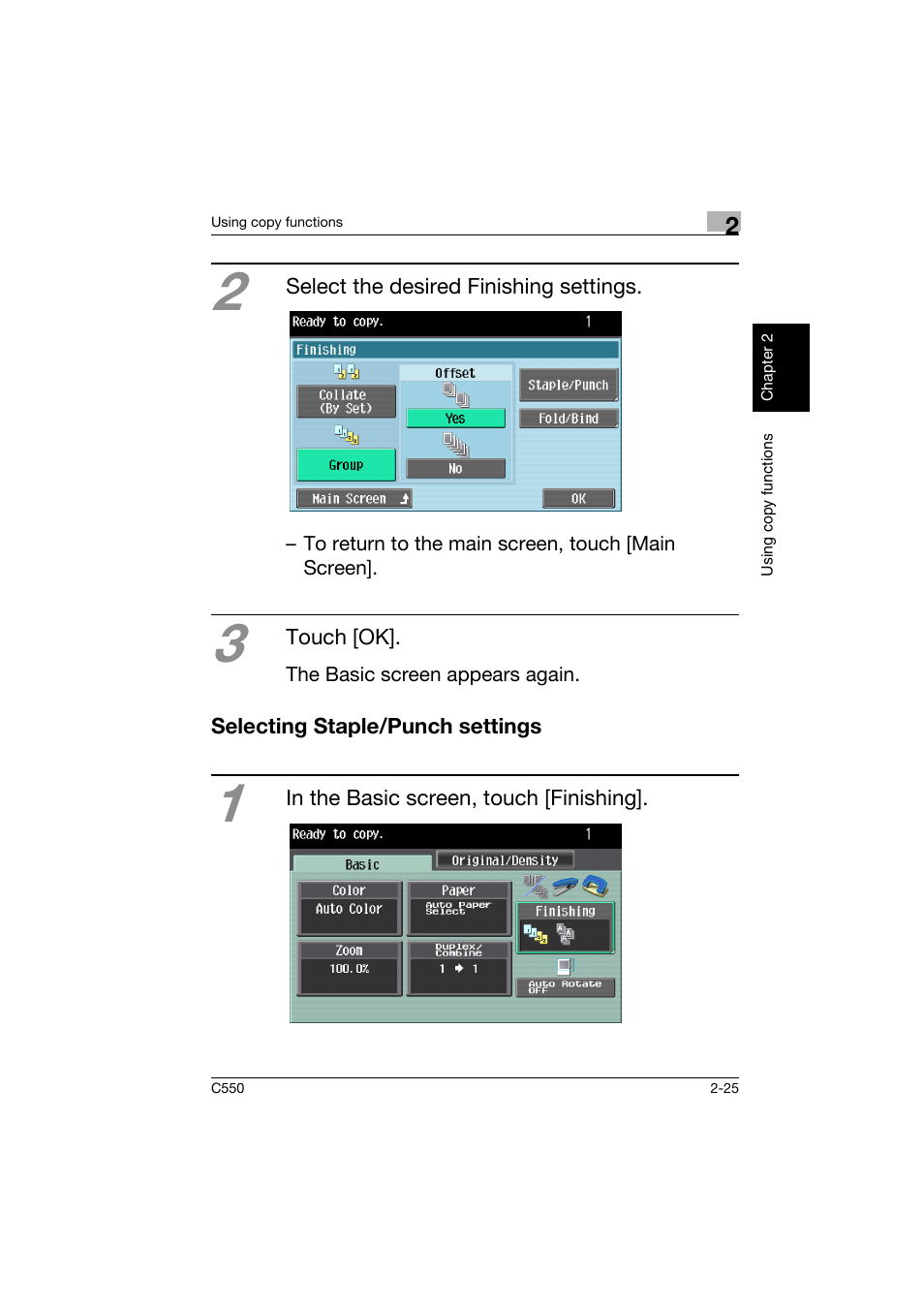 Selecting staple/punch settings, Selecting staple/punch settings -25 | Konica Minolta C550 User Manual | Page 68 / 164